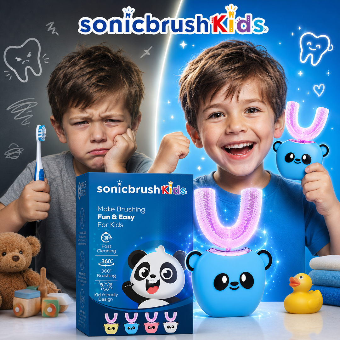 Two children demonstrating the SonicBrush Kids toothbrush and UV mouth cleaner set in a colorful commercial scene. The product packaging, a blue SonicBrush Kids box with a panda illustration, a blue SonicBrush Kids toothbrush holder with a glowing pink UV light, and a yellow rubber duck are also visible on a white surface. 