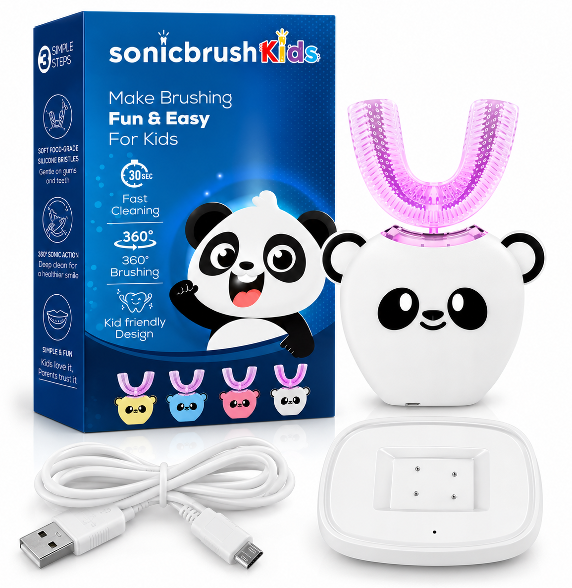 Everything included with Sonic Brush Kids: the panda toothbrush, charging station, USB cable and box